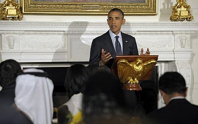 US President Barack Obama celebrates the Islamic holy month of Ramadan by hosting an iftar dinner in the State Dining Room of the White House in Washington, Friday, Aug. 10 (photo credit: AP/Susan Walsh)