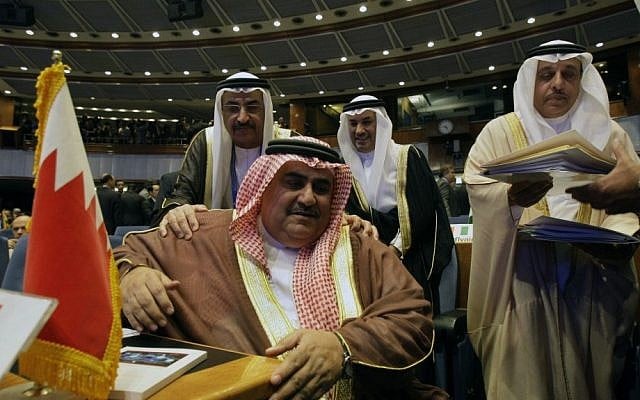 Bahraini Foreign Minister Sheik Khalid bin Ahmed Al Khalifa, seated, at a Non-Aligned Movement ministers meeting in Tehran, August 2012 (photo credit: AP/Vahid Salemi) Bahraini Foreign Minister Sheik Khalid bin Ahmed Al Khalifa, seated, at a Non-Aligned Movement ministers meeting in Tehran, August 2012 (photo credit: AP/Vahid Salemi)