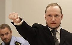 File: Anders Behring Breivik, who killed 77 people in a bombing and gun rampage in Norway in 2011, in court, August 2012 (AP/Frank Augstein)