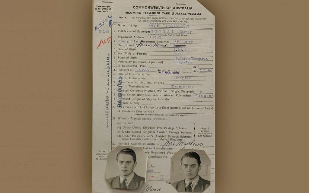 Karoly 'Charles' Zentai's landing card in Australia, January, 1950. (photo credit: JTA) Karoly 'Charles' Zentai's landing card in Australia, January, 1950. (photo credit: JTA)