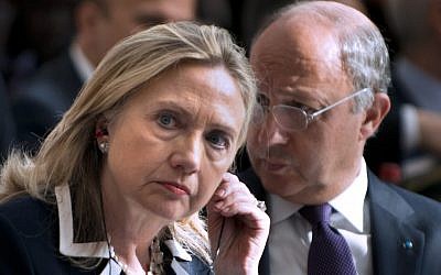 US Secretary of State Hillary Clinton and French Foreign Minister Laurent Fabius at the Friends of Syria conference in Paris in July. (photo credit: Brendan Smialowski/AP)