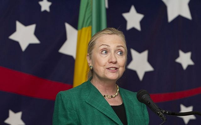 US Secretary of State Hillary Rodham Clinton speaking in Benin. (photo credit: AP/Jacquelyn Martin, Pool)