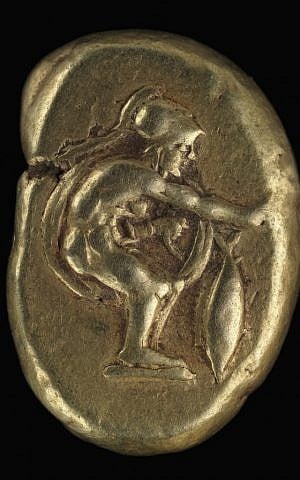 Electrum stater. Cyzicus. Ca. 400 – 375 BCE. Beardless warrior standing right, his right arm extended above vertical tuna