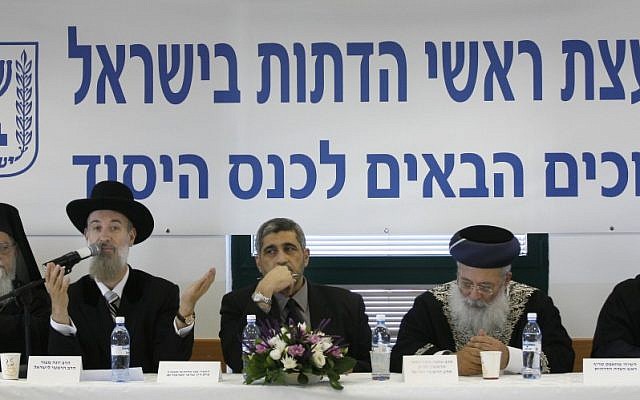 Israel's Ashkenazi Chief Rabbi, Yona Metzger, (2nd from left), speaks at a meeting of religious leaders in Israel at the Chief Rabbinate of Israel in Jerusalem, June 2007. (photo credit: Michal Fattal/Flash90)