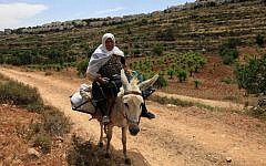 Illustrative photo of a woman riding a donkey. (photo credit: Nati Shohat/Flash90)