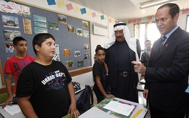 Mayor Nir Barkat visits the Al-Esawyyah preparatory school for boys in East Jerusalem, in September 2011 (photo credit: Miriam Alster/Flash90)
