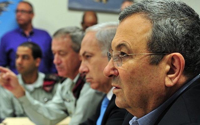 Then-defense minister Ehud Barak, Prime Minister Benjamin Netanyahu, and then-IDF chief of staff Benny Gantz, pictured in 2011. (Ariel Hermoni/Ministry of Defense/Flash90) Then-defense minister Ehud Barak, Prime Minister Benjamin Netanyahu, and then-IDF chief of staff Benny Gantz, pictured in 2011. (Ariel Hermoni/Ministry of Defense/Flash90)