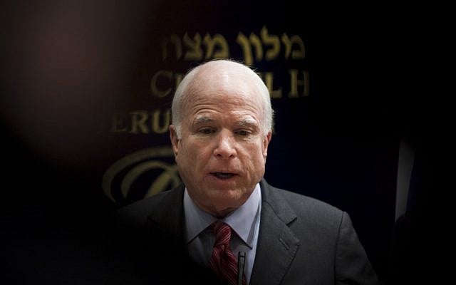 Republican US Senator John McCain giving a press conference at the David Citadel Hotel in Jerusalem, February 2012. (photo credit: Yonatan Sindel/Flash90) Republican US Senator John McCain giving a press conference at the David Citadel Hotel in Jerusalem, February 2012. (photo credit: Yonatan Sindel/Flash90)