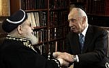 Israeli President Shimon Peres meets with Rabbi Ovadia Yosef in April 2012.  The Rabbi's approval is being courted for a strike on Iran (photo credit: Kobi Gideon / FLASH90)