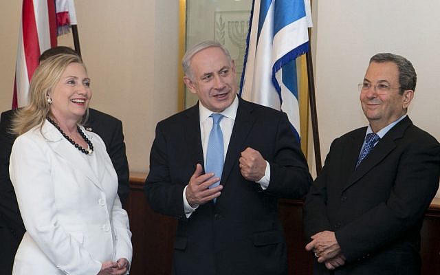 Secretary of State Hillary Clinton, Prime Minister Benjamin Netanyahu and Defense Minister Ehud Barak, in Netanyahu's office in Jerusalem, in July (photo credit: Ohad Zwigenberg/POOL/FLASH90)