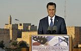 Republican US presidential candidate Mitt Romney holds a press conference in Jerusalem, July 29, 2012. (photo credit: Yoav Ari Dudkevitch/Flash90)