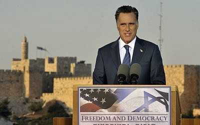 Republican US presidential candidate Mitt Romney holds a press conference in Jerusalem, July 29, 2012. (photo credit: Yoav Ari Dudkevitch/Flash90)