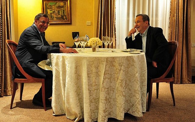 Defense Minister Ehud Barak (right) meets with US Secretary of Defense Leon Panetta in Tel Aviv on July 31 (photo credit: Ariel Hermoni/Ministry of Defense/Flash90)