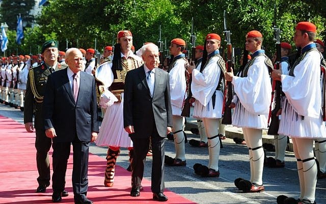 Shimon Peres in Greece Monday. (photo credit: Moshe Milner/GPO/Flash90)