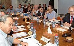 Prime Minister Benjamin Netanyahu (right) and cabinet members at the defense budget meeting in Tel Aviv last week (photo credit: Amos Ben Gershom/GPO/Flash90)