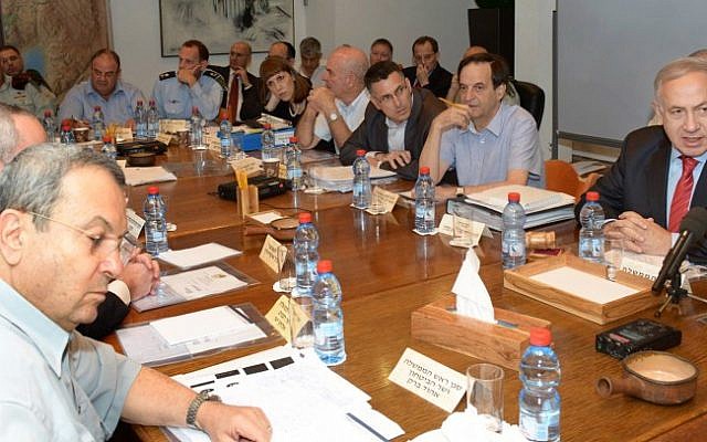 Prime Minister Benjamin Netanyahu (right) and cabinet members at the defense budget meeting in Tel Aviv last week (photo credit: Amos Ben Gershom/GPO/Flash90) Prime Minister Benjamin Netanyahu (right) and cabinet members at the defense budget meeting in Tel Aviv last week (photo credit: Amos Ben Gershom/GPO/Flash90)
