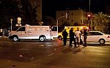 The scene of a hit-and-run accident in Netanya where three people were killed, August 17 (photo credit: Omer Messinger/Flash90)