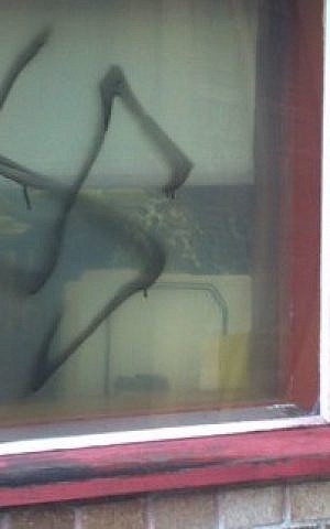 A swastika spray-painted on a window of Temple Beth Israel in Hackensack, New Jersey, Dec. 10, 2011.(ADL/JTA)