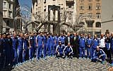 Israel's soccer team at the Holocaust memorial at the Dohany Synagogue in Budapest, August 14 (photo credit: courtesy of the Israel Football Association)