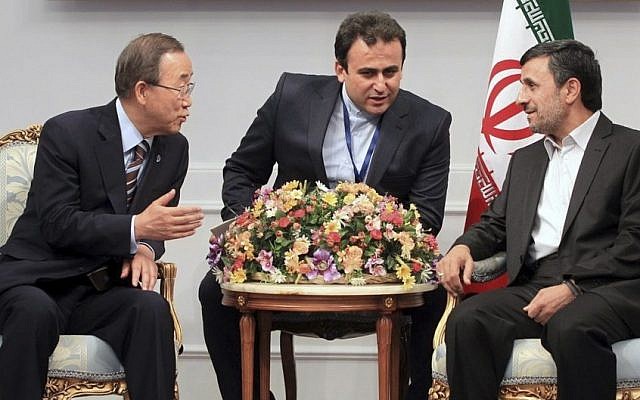 Ban Ki-moon, left, speaking to Mahmoud Ahmadinejad through a translator on Tuesday. (photo credit: (AP/Presidency Office, Mohsen Rafinejad) Ban Ki-moon, left, speaking to Mahmoud Ahmadinejad through a translator on Tuesday. (photo credit: (AP/Presidency Office, Mohsen Rafinejad)