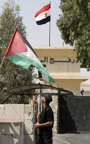 A Palestinian policeman at the Rafah border crossing, August 6 (photo credit: AP Photo/Hatem Moussa)