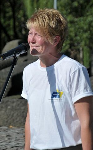 The granddaughter of an Auschwitz worker, German visitor Barbel Pfeiffer spoke to survivors and other descendants of Nazi collaborators during a visit to the death camp this week. (Photo credit: Nissan Tsur)
