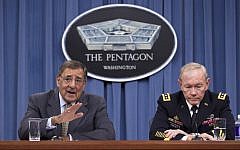 US Defense Secretary Leon Panetta, left, and Joint Chiefs Chairman Gen. Martin Dempsey give a news conference at the Pentagon (photo credit: Evan Vucci/AP)