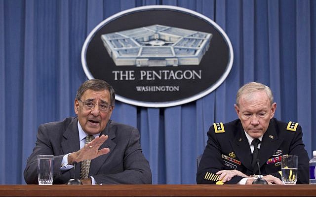 US Defense Secretary Leon Panetta, left, and Joint Chiefs Chairman Gen. Martin Dempsey give a news conference at the Pentagon (photo credit: Evan Vucci/AP)