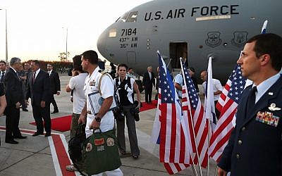 US Secretary of Defense Leon Panetta is welcomed upon his arrival in Tel Aviv on Tuesday, July 31, 2012 (photo credit: AP/Mark Wilson, Pool)