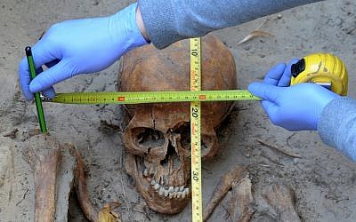 An archaeologist examines a skull uncovered at Warsaw's Powazki cemetery, where Poles hope to find the remains of Auschwitz survivor Witold Pilecki. (Photo credit: Alik Keplicz/AP)