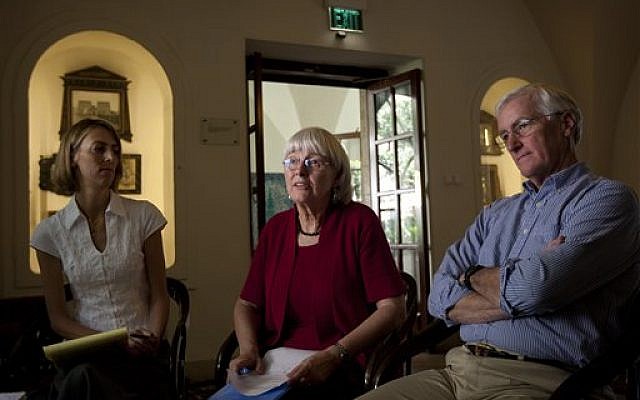 Cindy (center), and Craig Corrie (right), the parents of Rachel Corrie, with their daughter Sarah in Jerusalem, August 2012 (photo credit: AP/Sebastian Scheiner) Cindy (center), and Craig Corrie (right), the parents of Rachel Corrie, with their daughter Sarah in Jerusalem, August 2012 (photo credit: AP/Sebastian Scheiner)