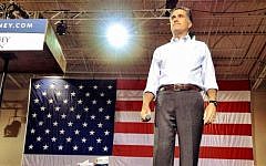 Mitt Romney speaking at the NASCAR Technical Institute in Mooresville, North Carolina in August. (photo credit: Mitt Romney official website/JTA)
