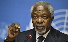 Kofi Annan speaks during a press briefing at the European headquarters of the United Nations in Geneva, Switzerland, on Thursday (photo credit: AP/Keystone, Martial Trezzini)