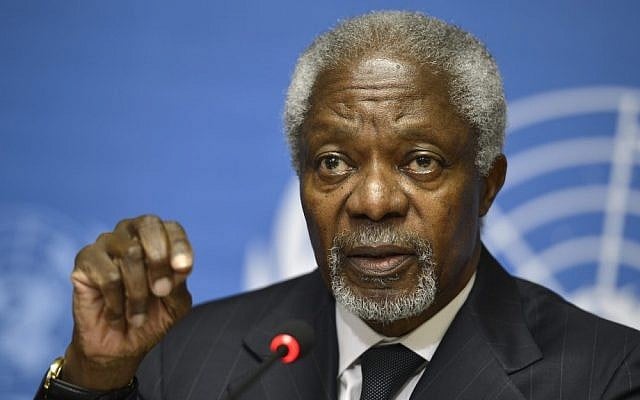 Kofi Annan speaks during a press briefing at the European headquarters of the United Nations in Geneva, Switzerland, on Thursday (photo credit: AP/Keystone, Martial Trezzini)
