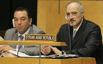 Bashar al-Jaafari (right) at the UN General Assembly at the United Nations in August 2012 (AP/Kathy Willens)