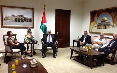 Meretz head Gal-On, left, talks with PA President Mahmoud Abbas in Ramallah (photo credit: Roy Yellin)