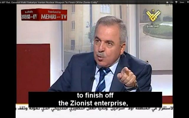Hezbollah MP Walid Sakariya on al-Manar TV. (photo credit: Image capture from MEMRI video on YouTube)