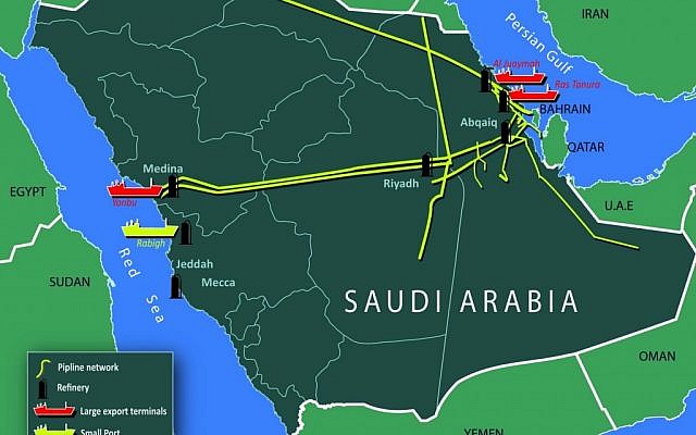 An illustration of Saudi Arabia's oil facilities and shipping routes (Photo credit: Courtesy: Institute for Policy and Strategy and the Interdisciplinary Center Herzliya) An illustration of Saudi Arabia's oil facilities and shipping routes (Photo credit: Courtesy: Institute for Policy and Strategy and the Interdisciplinary Center Herzliya)