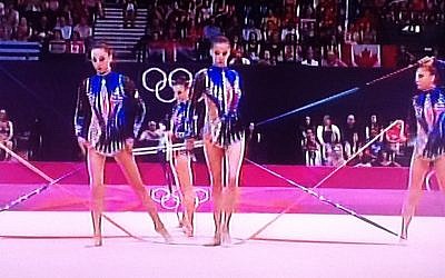 Israel's rhythmic gymnastic team in action on August 10 (photo credit: Channel 1 screenshot)