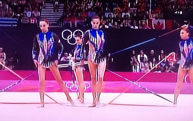 Israel's rhythmic gymnastic team in action on August 10 (photo credit: Channel 1 screenshot)