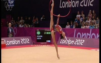 Neta Rivkin preforms her hoop routine at the London Olympics (photo credit: screen capture Channel 1)