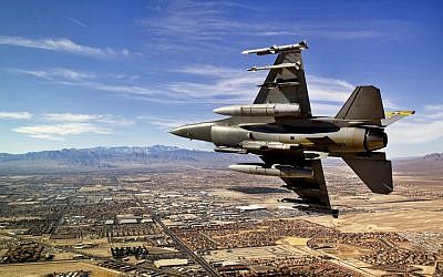 A US fighter jet during practice maneuvers over the desert. (photo credit: Courtesy/US Air Force by Master Sgt. Benjamin Bloker)