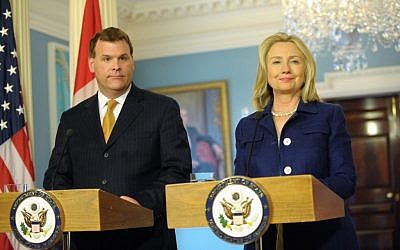 Canadian Foreign Affairs Minister John Baird (left) and US Secretary of State Hillary Rodham Clinton in Washington in August. (photo credit: US State Department photo, public domain)