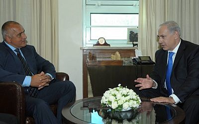 Prime Minister Benjamin Netanyahu, right, speaking to his Bulgarian counterpart Boyko Borisov Tuesday in Jerusalem (photo credit: GPO)