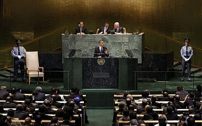 President Barack Obama addresses the 67th session of the United Nations General Assembly, Tuesday, Sept. 25, 2012. (photo credit: AP Photo/Richard Drew)