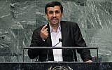 Mahmoud Ahmadinejad at the UN General Assembly (photo credit: AP/Jason DeCrow)