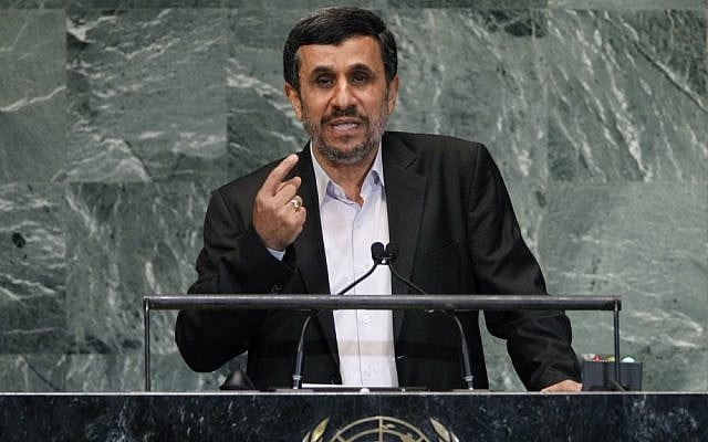 Mahmoud Ahmadinejad at the UN General Assembly (photo credit: AP/Jason DeCrow)