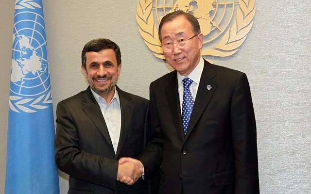 Iranian President Mahmoud Ahmadinejad meets with UN Secretary-General Ban Ki-moon at the United Nations Headquarters in New York on Sept. 24 (photo credit: AP/David Karp) Iranian President Mahmoud Ahmadinejad meets with UN Secretary-General Ban Ki-moon at the United Nations Headquarters in New York on Sept. 24 (photo credit: AP/David Karp)