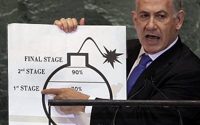 Prime Minister Benjamin Netanyahu shows an illustration as he describes his concerns over Iran's nuclear ambitions during his address to the 67th session of the United Nations General Assembly at UN Headquarters on Thursday, Sept. 27, 2012. (photo credit: Richard Drew/AP)