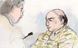 This courtroom sketch shows Mark Basseley Youssef (Nakoula Basseley Nakoula), right, appearing to give testimony at a hearing on Thursday (photo credit: AP/Mona Shafer Edwards)